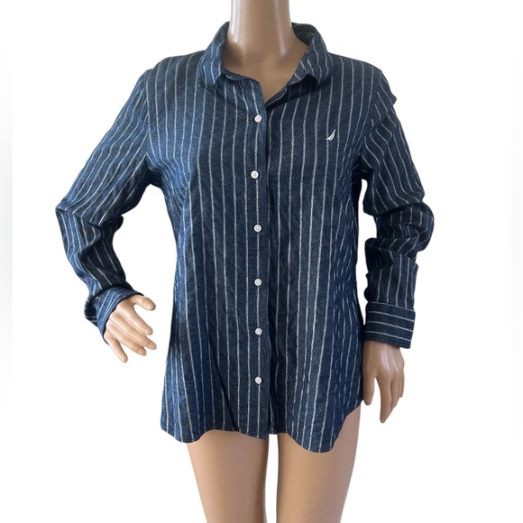 Nautica Jeans dark chambray and silver striped roll tab sleeves top - Picture 1 of 5